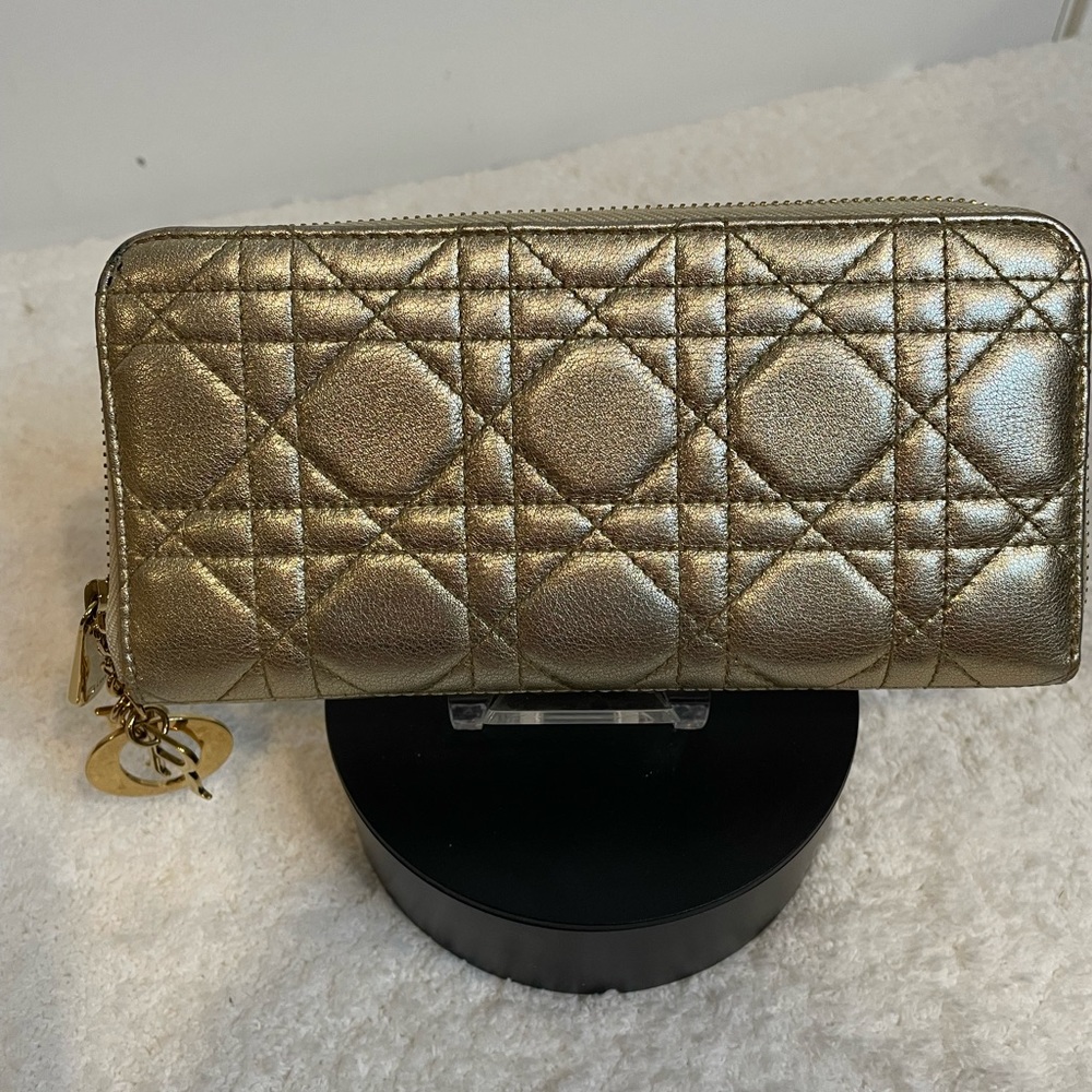 EUC Lady Dior Voyageur Cannage Gold Leather Zip Around Wallet with Logo charm